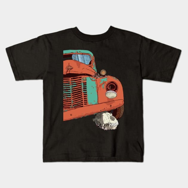 Old vintage truck and wolf skull Kids T-Shirt by RobertBretonArt